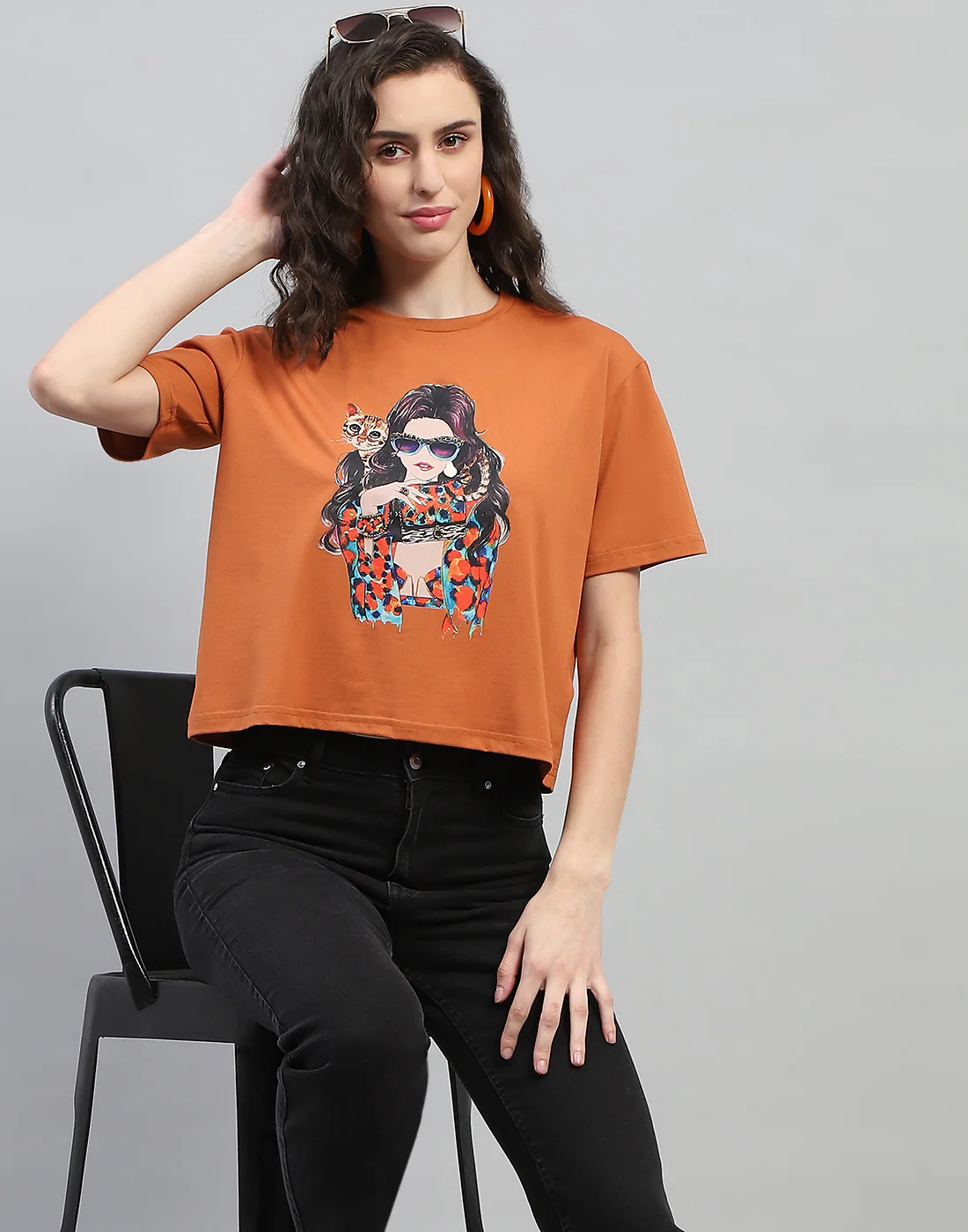 Women Tan Printed Round Neck Half Sleeve Top - Image 2