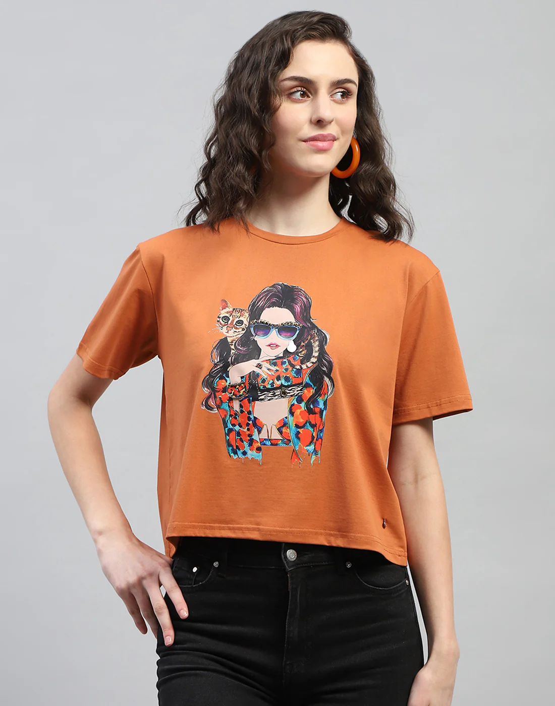 Women Tan Printed Round Neck Half Sleeve Top - Image 4