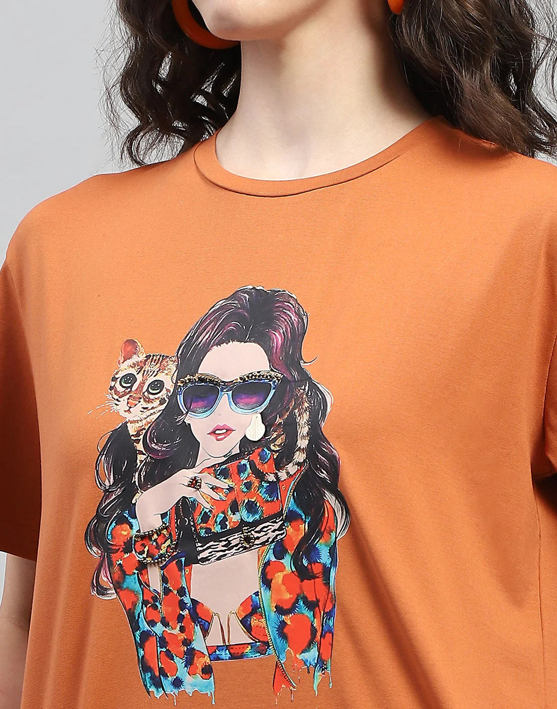 Women Tan Printed Round Neck Half Sleeve Top - Image 7