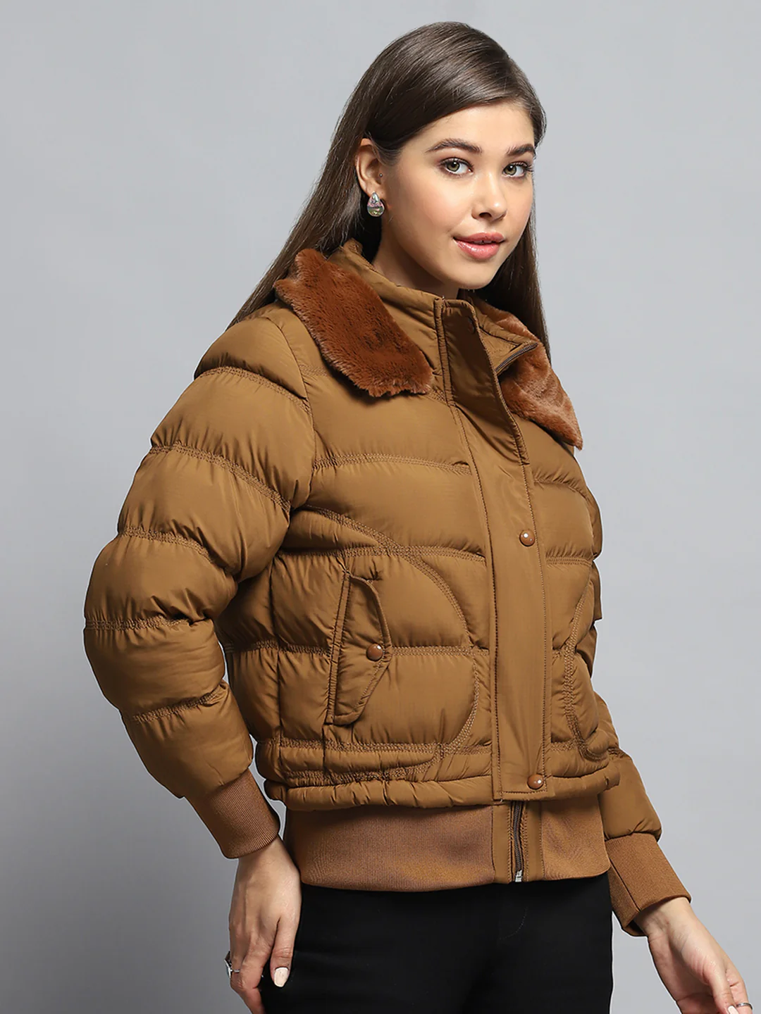 Women Tan Self Design Collar Full Sleeve Jacket - Image 4