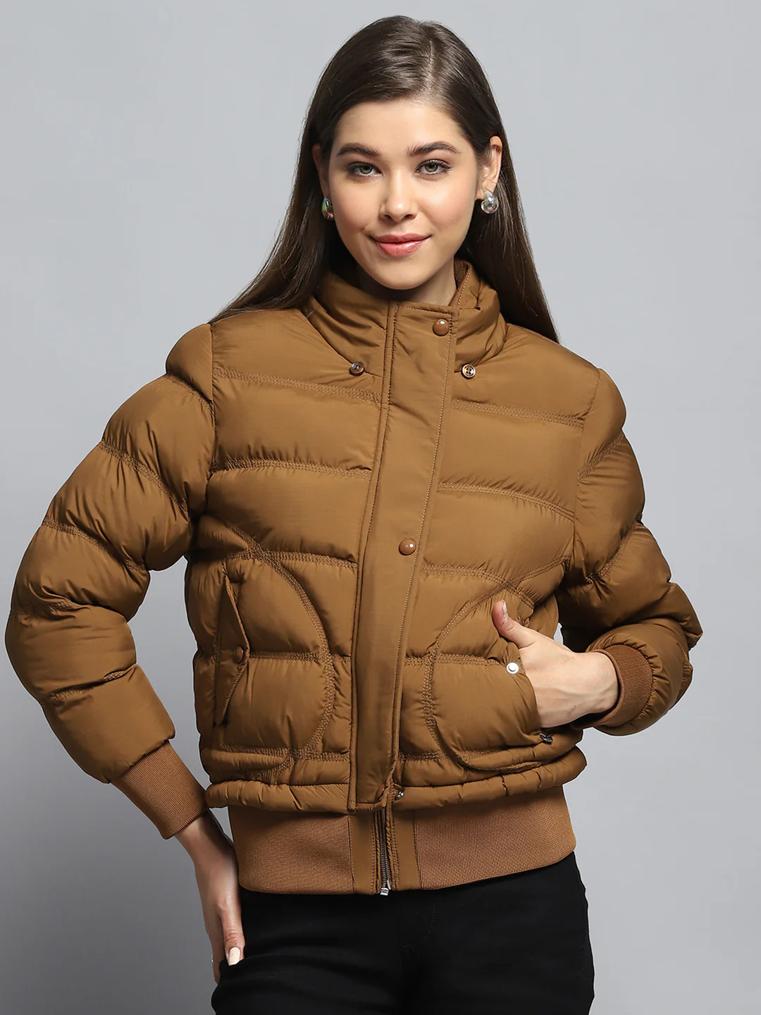 Women Tan Self Design Collar Full Sleeve Jacket - Image 6