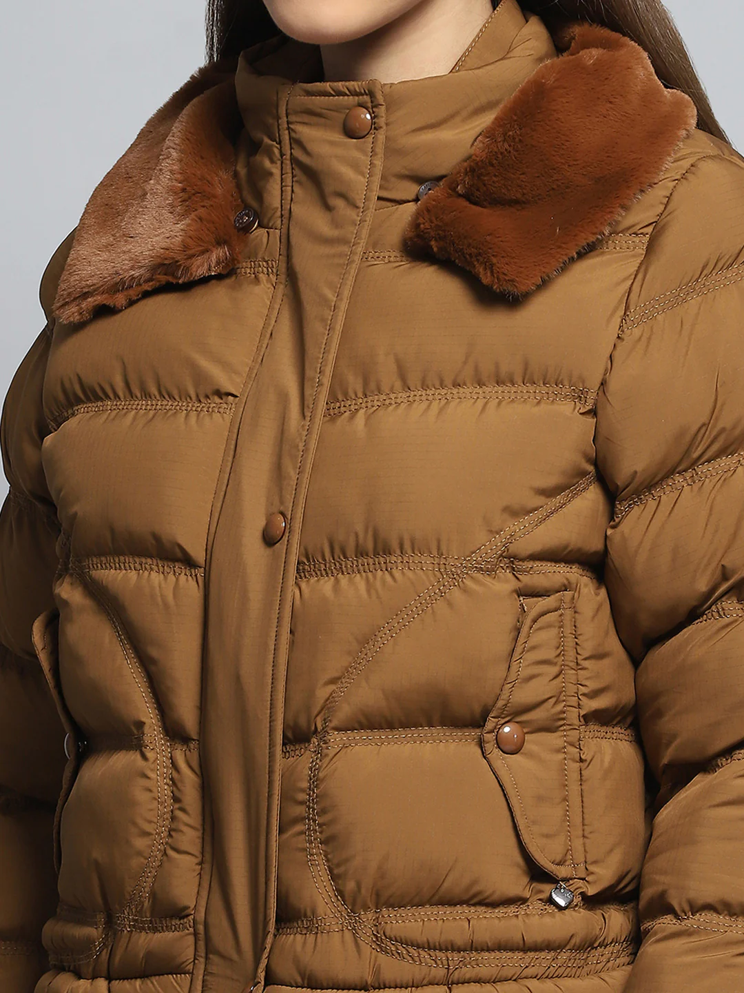 Women Tan Self Design Collar Full Sleeve Jacket - Image 7