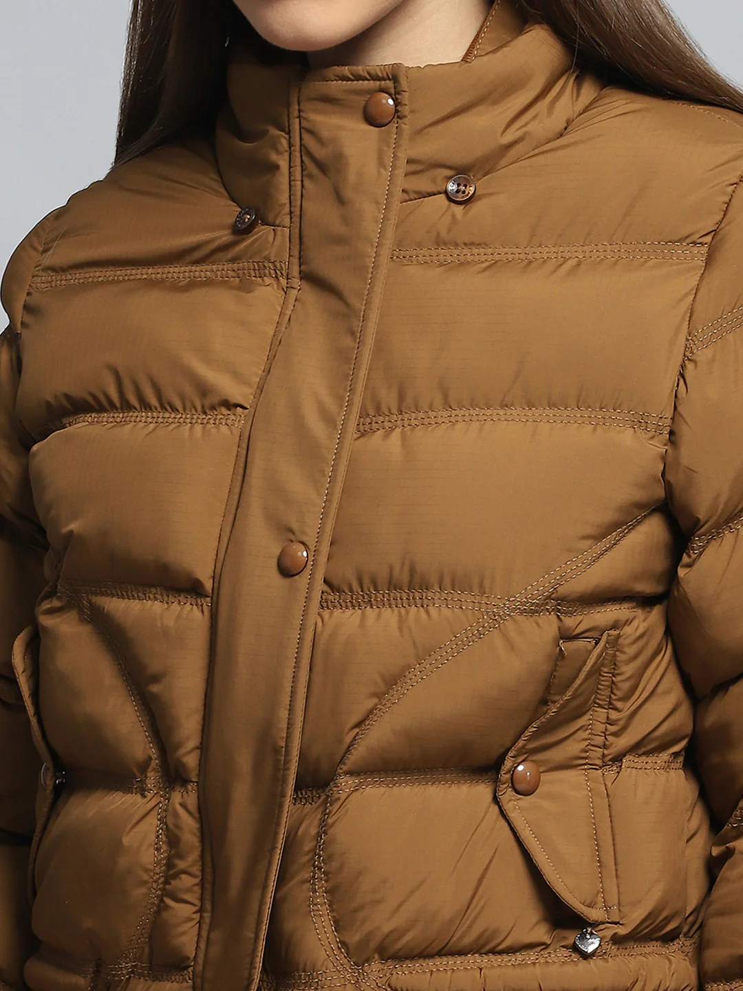Women Tan Self Design Collar Full Sleeve Jacket - Image 8