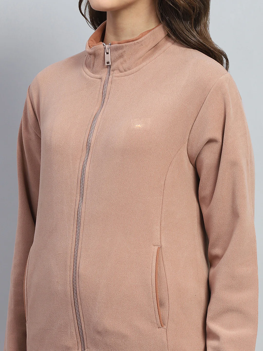 Women Tan Solid Mock Neck Full Sleeve Winter Tracksuit - Image 6