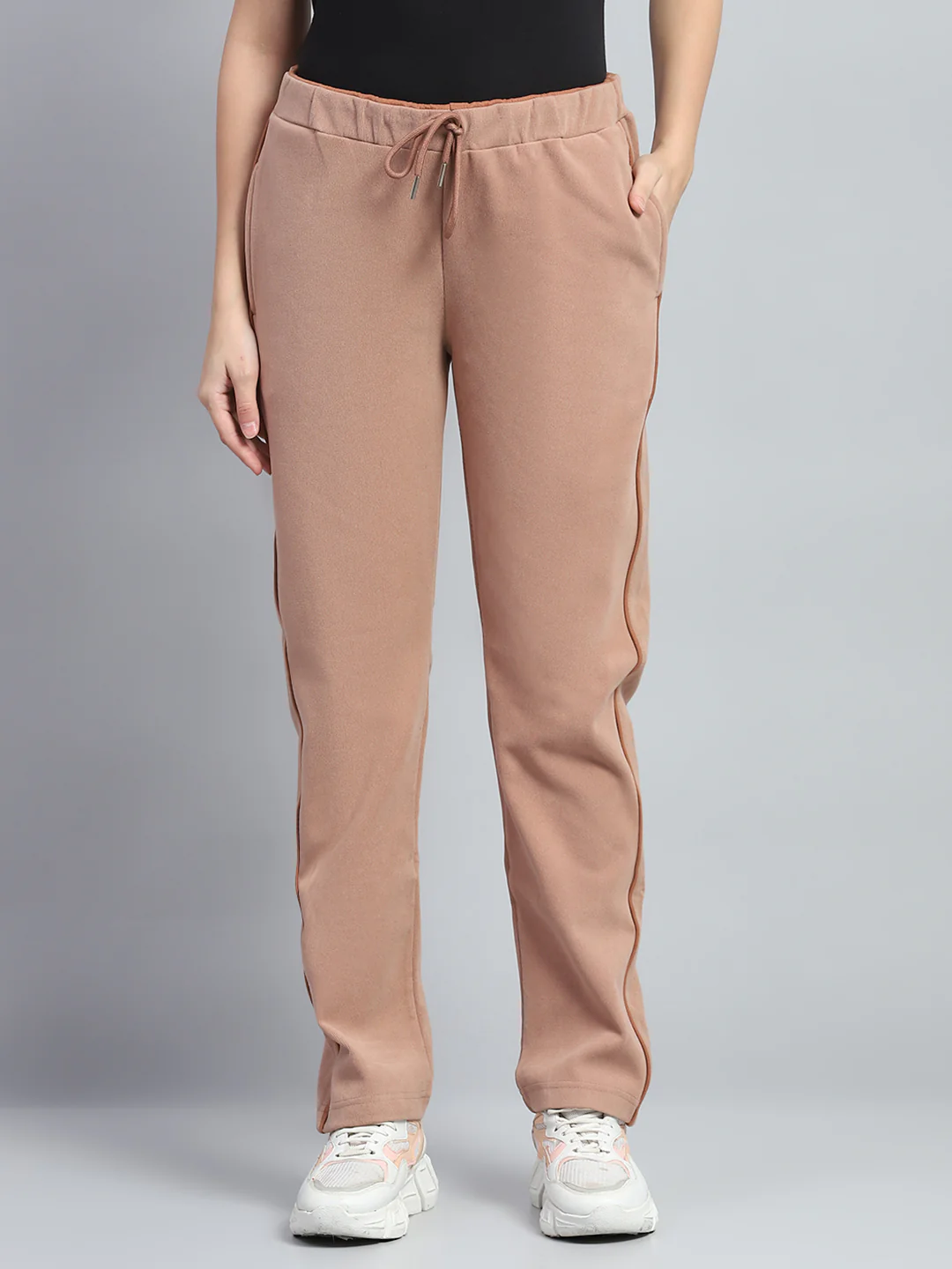 Women Tan Solid Mock Neck Full Sleeve Winter Tracksuit - Image 7