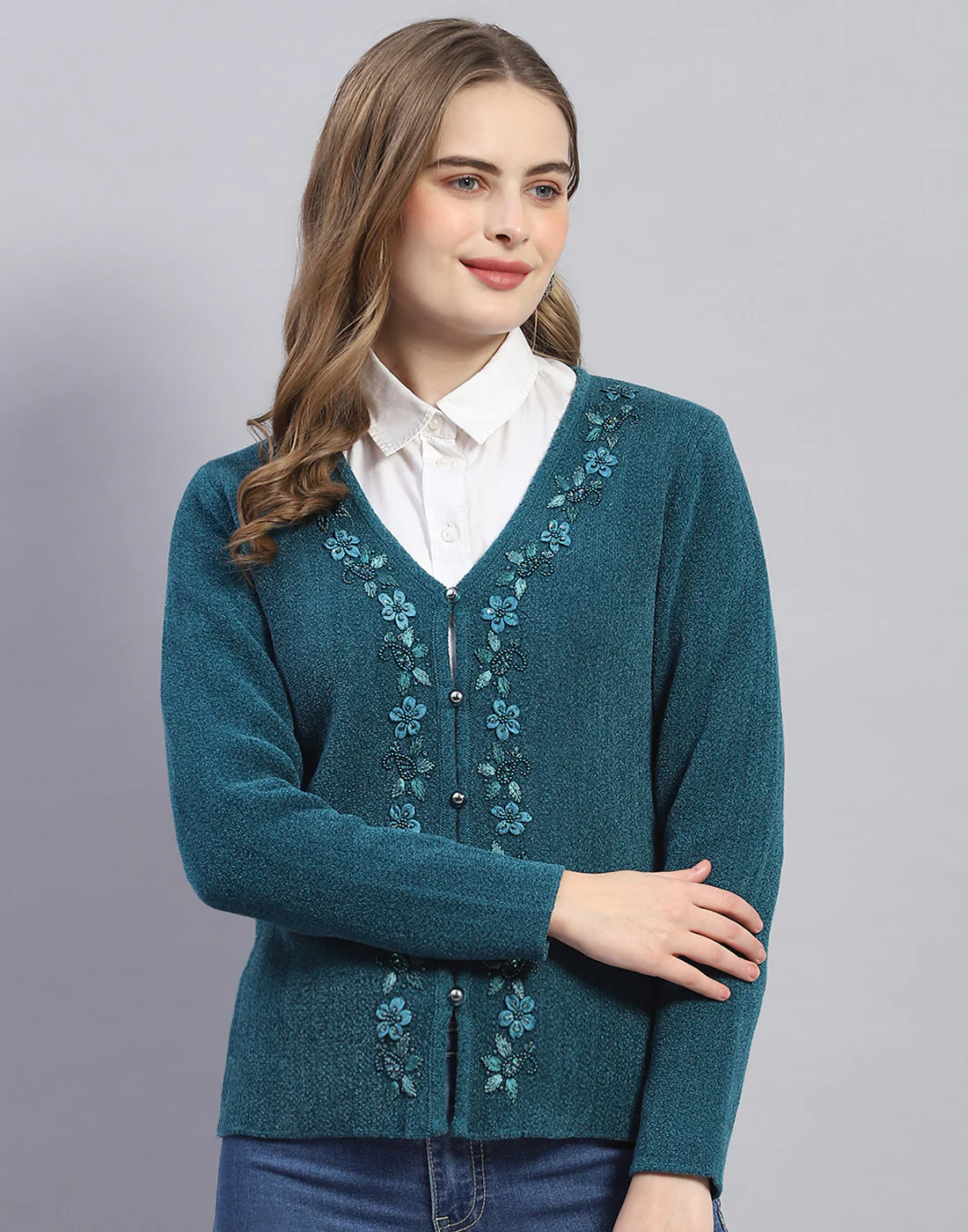 Women Teal Blue Embellished V Neck Full Sleeve Cardigan - Image 2