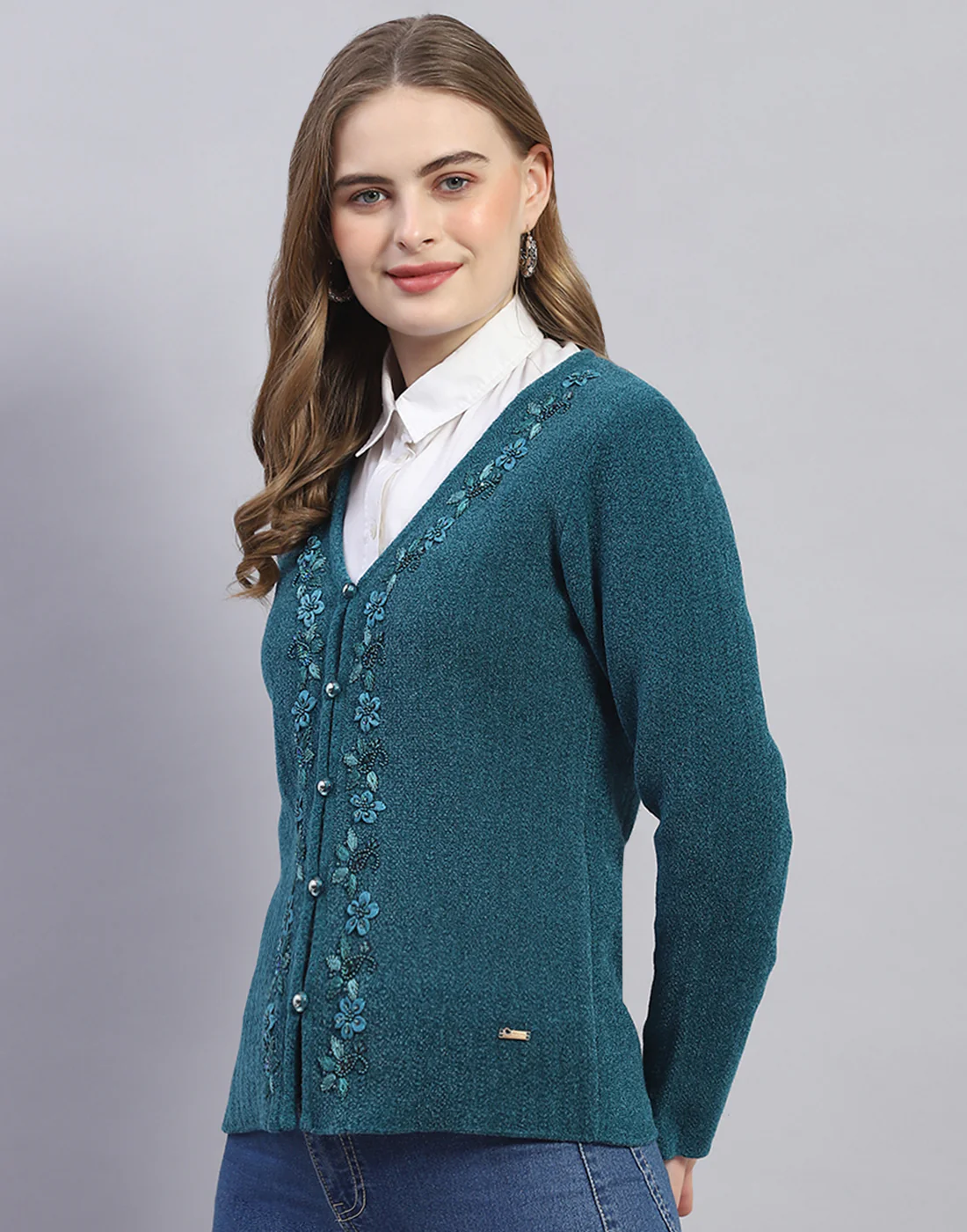 Women Teal Blue Embellished V Neck Full Sleeve Cardigan - Image 3