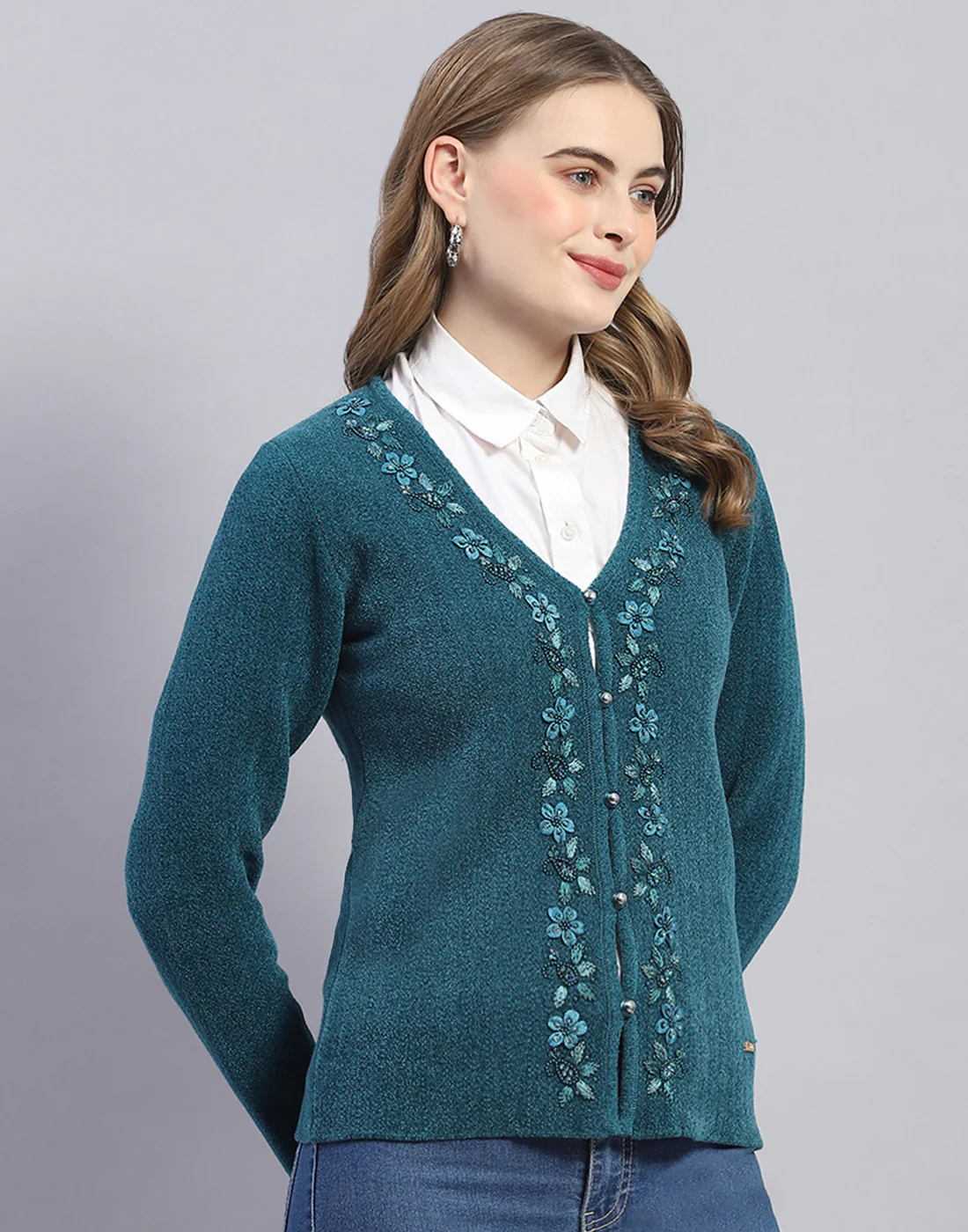 Women Teal Blue Embellished V Neck Full Sleeve Cardigan - Image 4