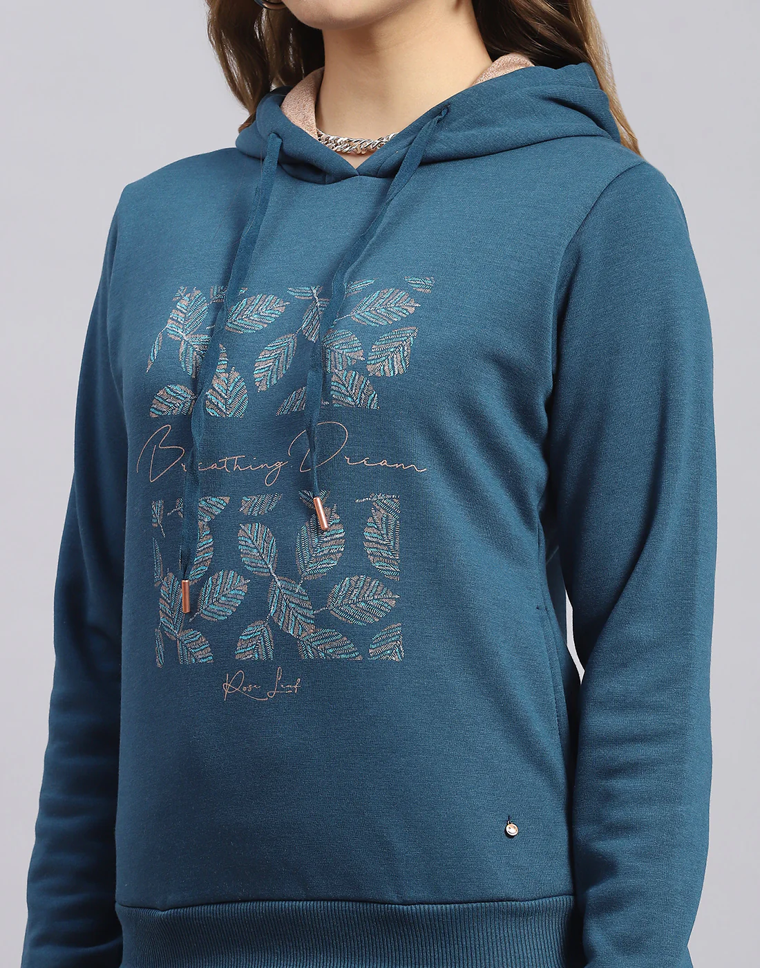 Women Teal Blue Embroidered Hooded Full Sleeve Sweatshirt - Image 6