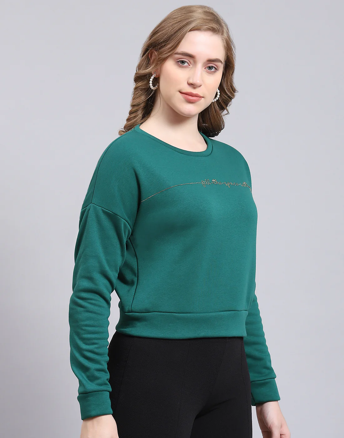 Women Teal Blue Embroidered Round Neck Full Sleeve Sweatshirt - Image 4