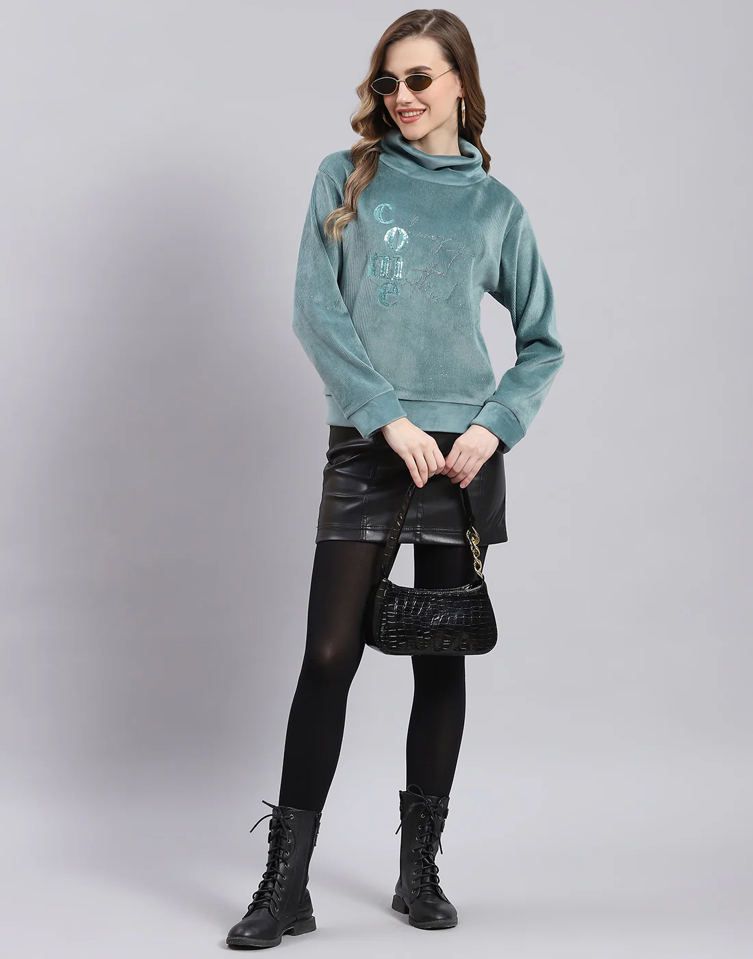 Women Teal Blue Embroidered Round Neck Full Sleeve Sweatshirt - Image 2