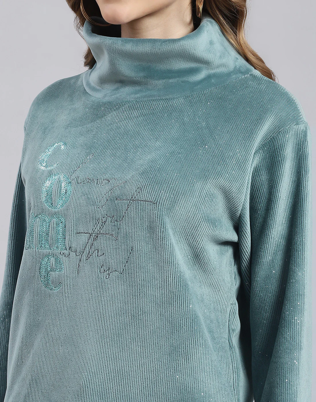 Women Teal Blue Embroidered Round Neck Full Sleeve Sweatshirt - Image 6