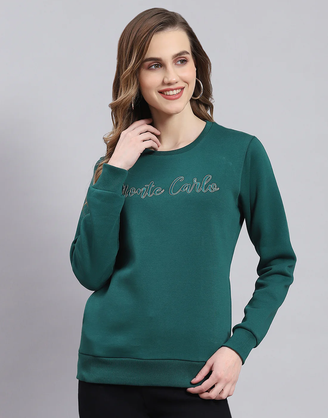 Women Teal Blue Embroidered Round Neck Full Sleeve Sweatshirt - Image 2