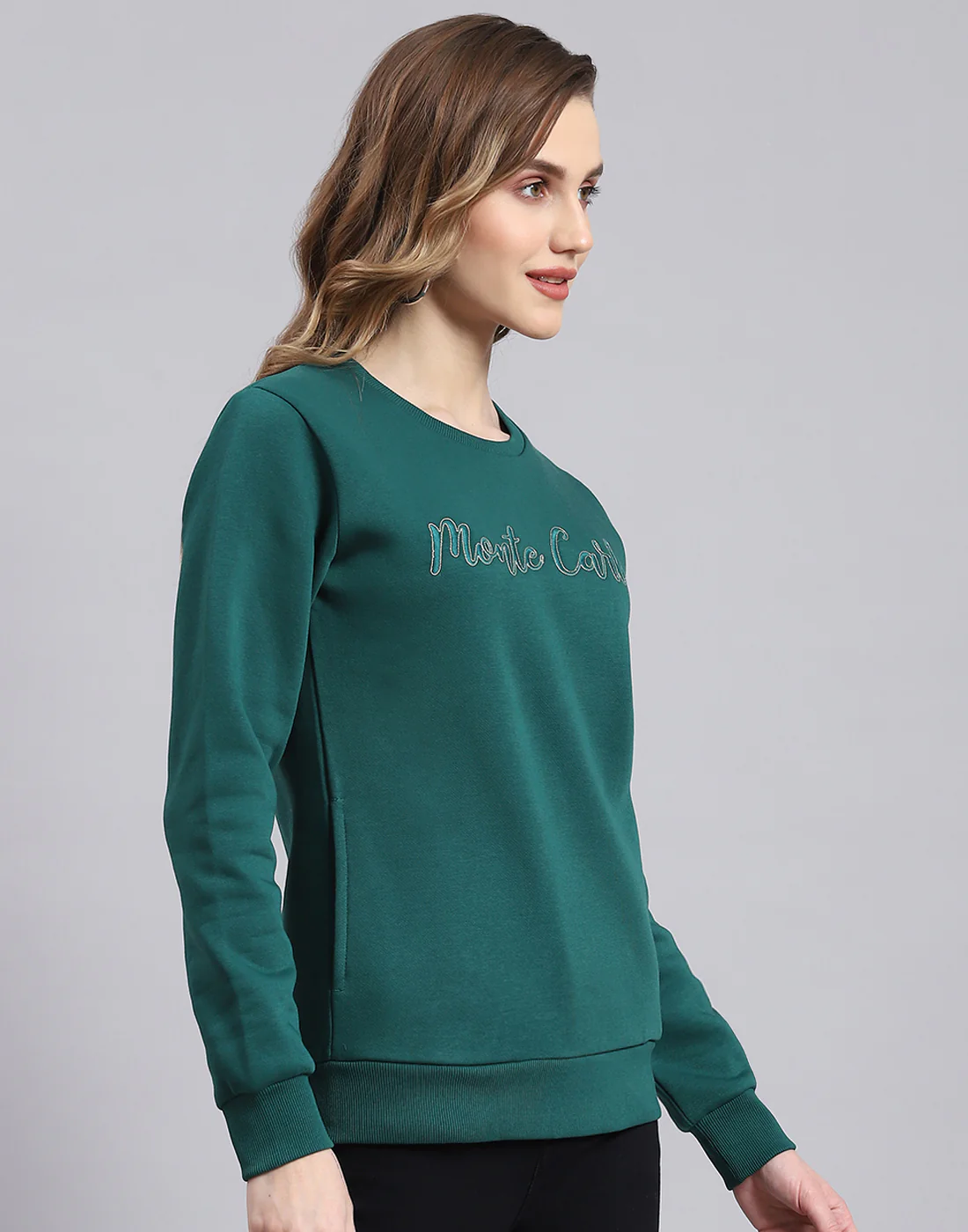 Women Teal Blue Embroidered Round Neck Full Sleeve Sweatshirt - Image 4