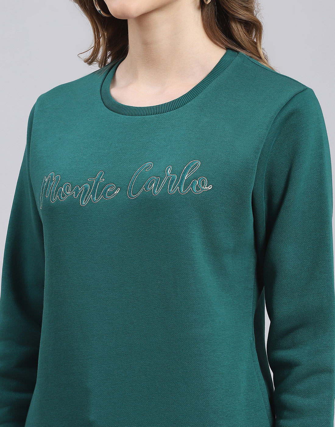 Women Teal Blue Embroidered Round Neck Full Sleeve Sweatshirt - Image 7