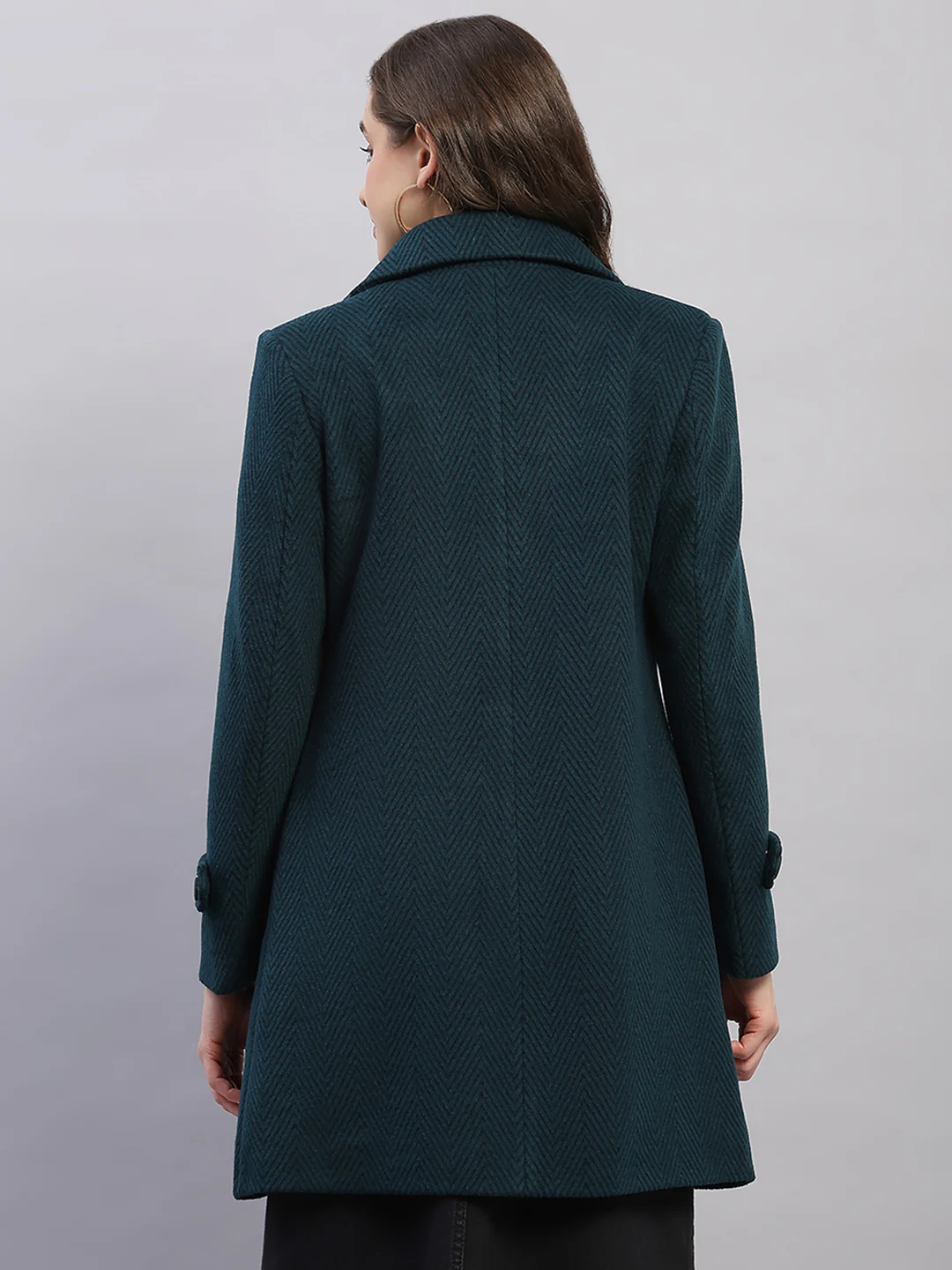 Women Teal Blue Printed Collar Full Sleeve Coat - Image 5
