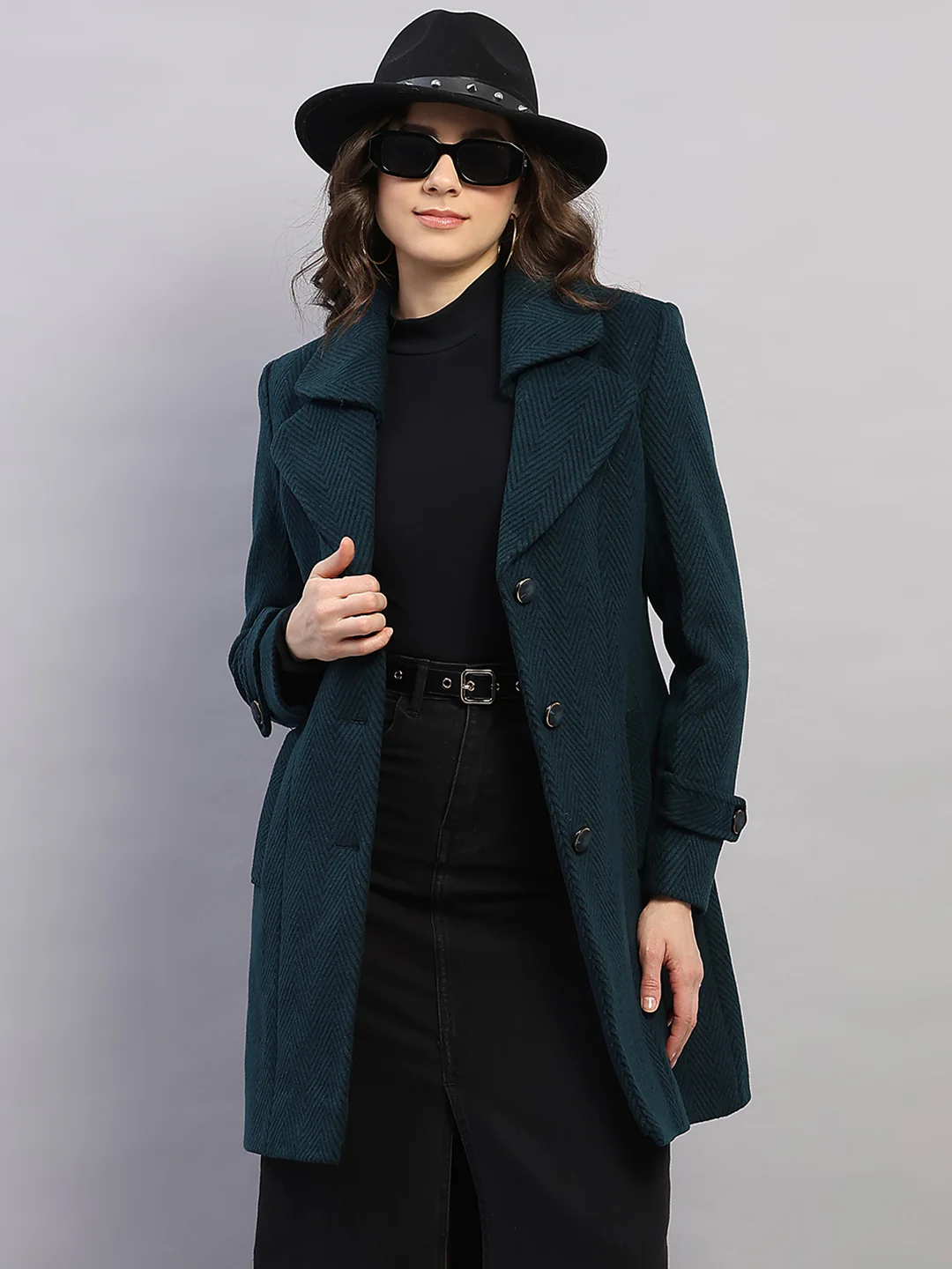 Women Teal Blue Printed Collar Full Sleeve Coat - Image 6