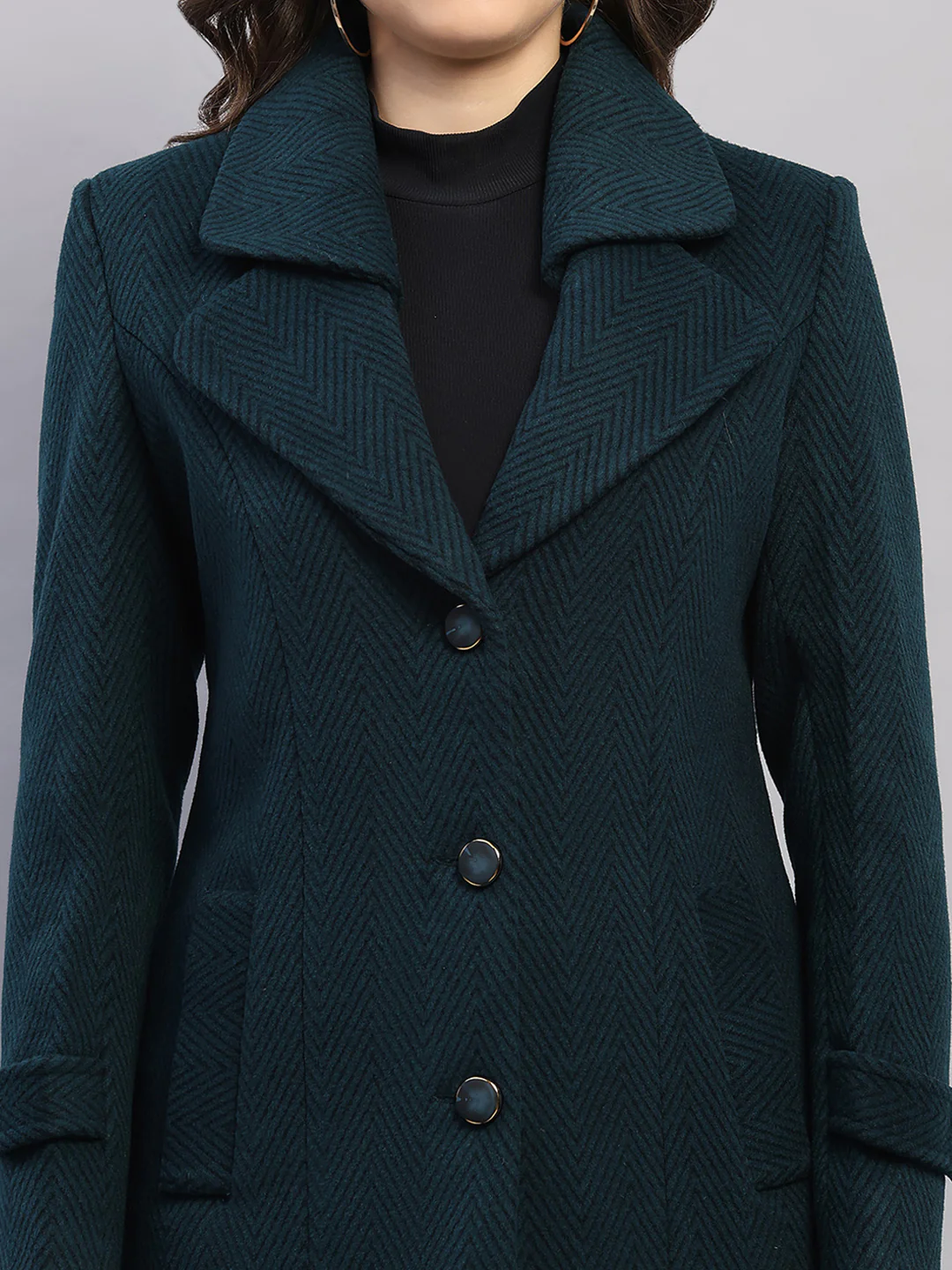 Women Teal Blue Printed Collar Full Sleeve Coat - Image 7