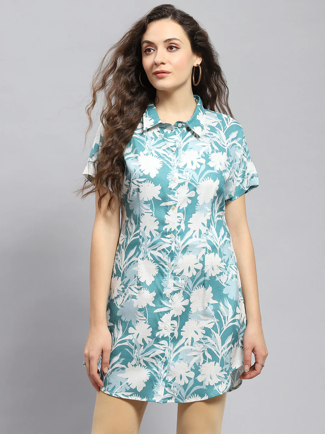 Women Teal Blue Printed Collar Half Sleeve Tunic - Image 3