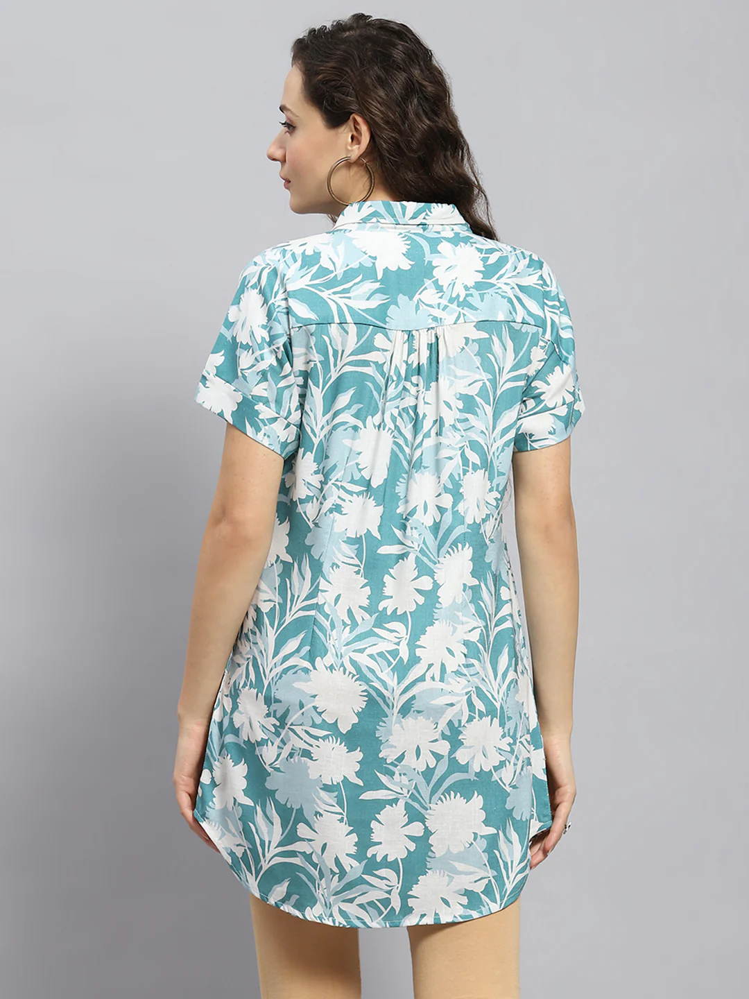 Women Teal Blue Printed Collar Half Sleeve Tunic - Image 6