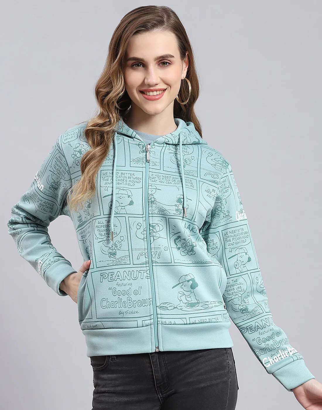 Women Teal Blue Printed Hooded Full Sleeve Sweatshirt - Image 2