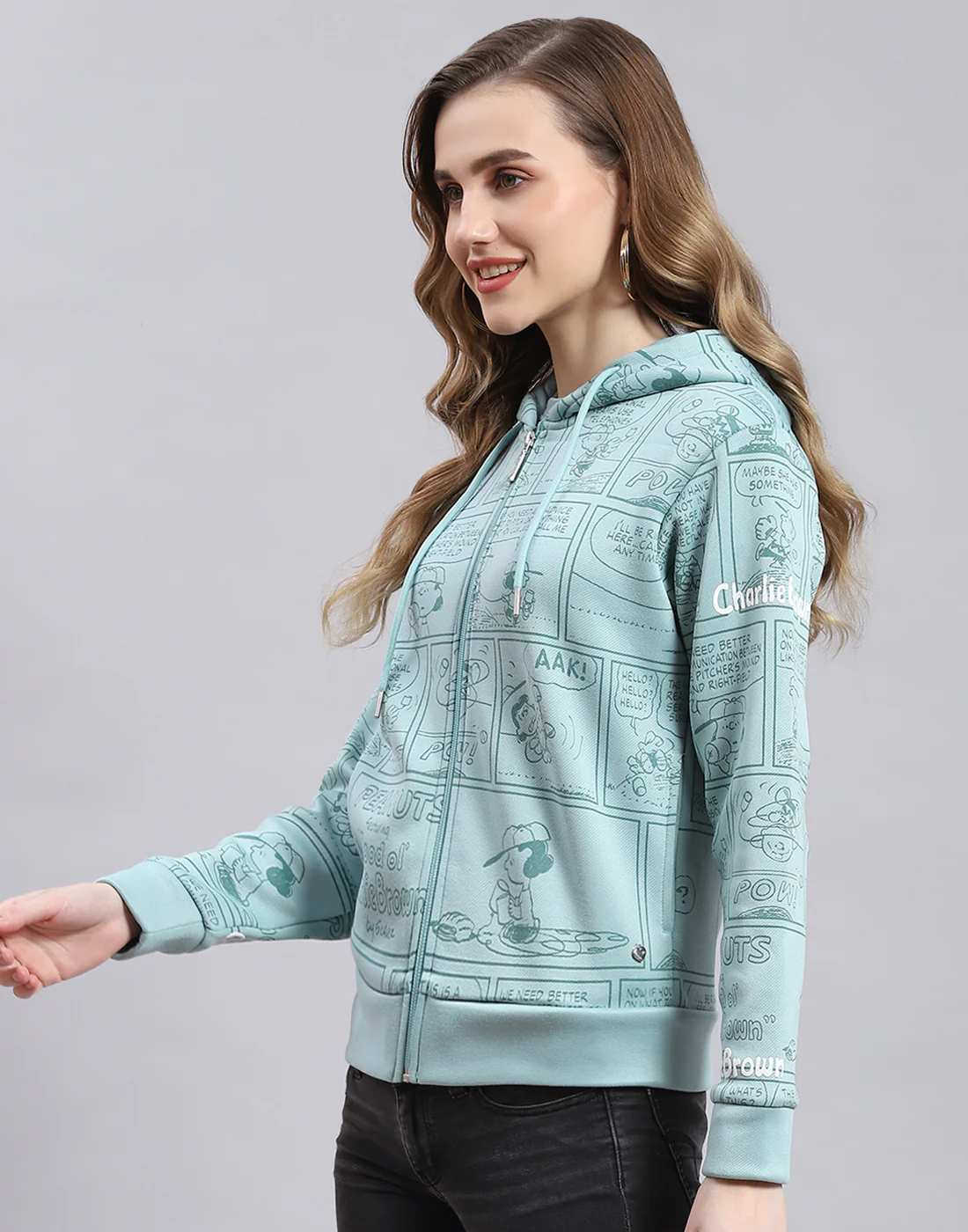 Women Teal Blue Printed Hooded Full Sleeve Sweatshirt - Image 3