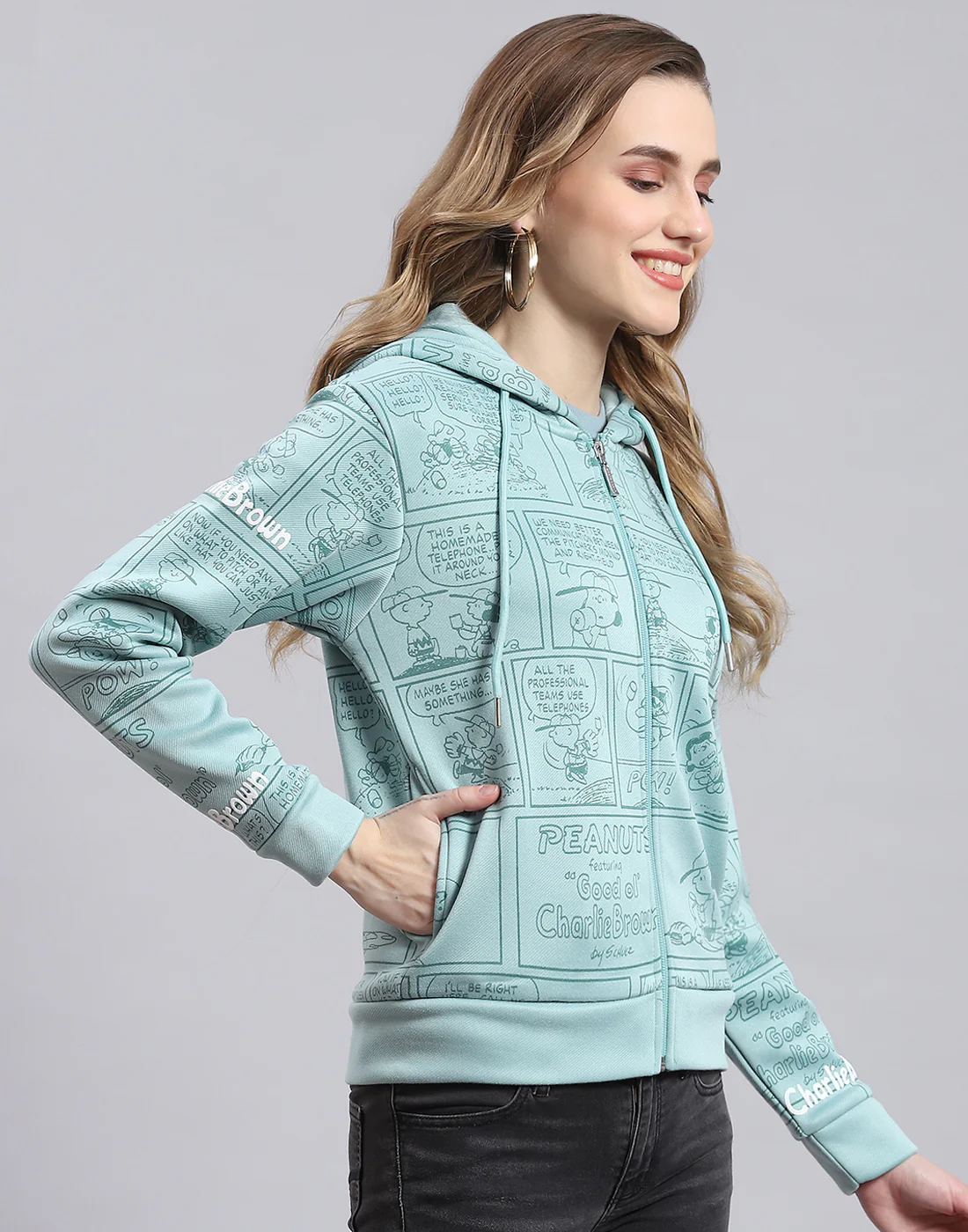 Women Teal Blue Printed Hooded Full Sleeve Sweatshirt - Image 4