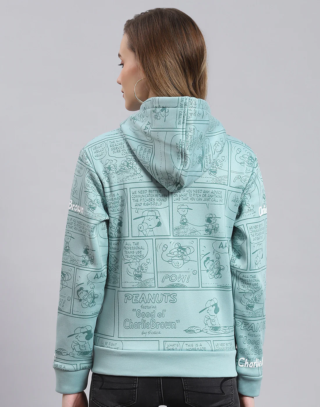Women Teal Blue Printed Hooded Full Sleeve Sweatshirt - Image 5