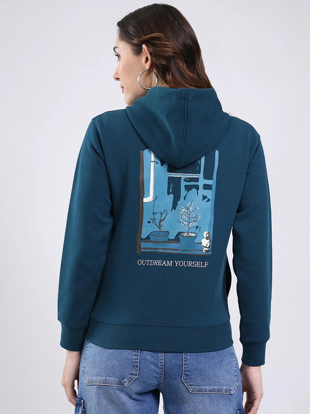 Women Teal Blue Printed Hooded Full Sleeve Sweatshirt - Image 5