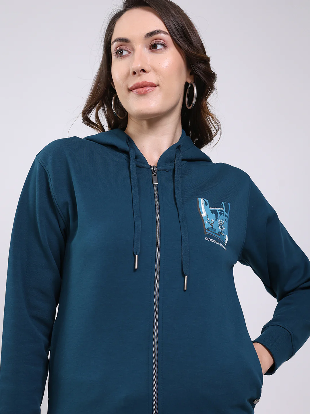Women Teal Blue Printed Hooded Full Sleeve Sweatshirt - Image 6