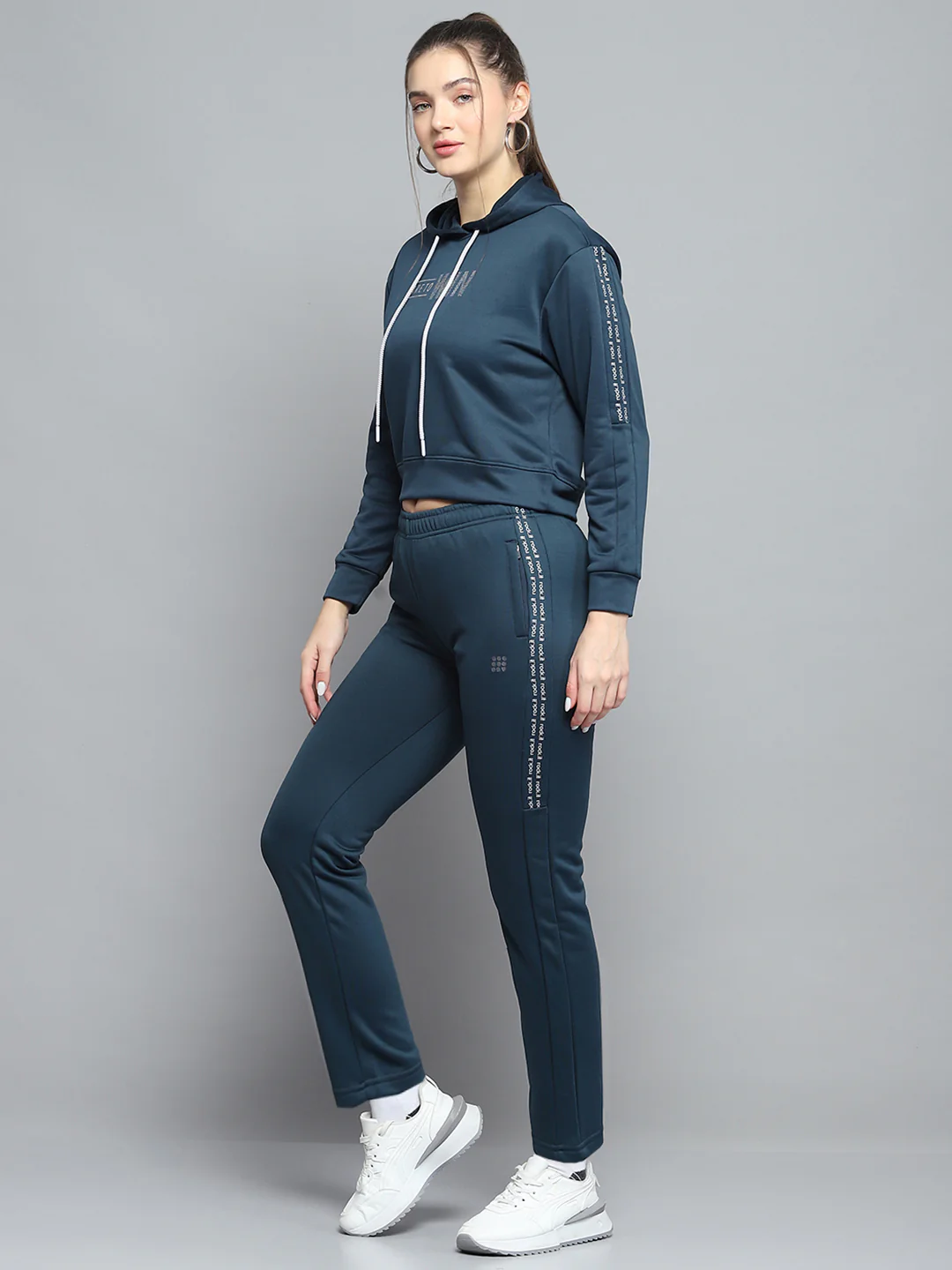 Rock.it Women Teal Blue Printed Hooded Full Sleeve Tracksuit - Image 3