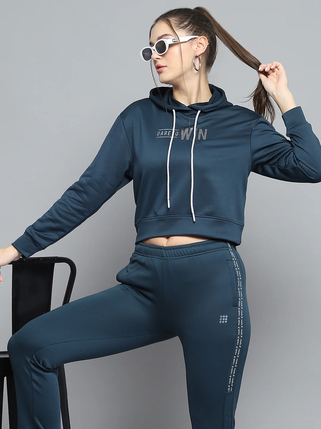 Rock.it Women Teal Blue Printed Hooded Full Sleeve Tracksuit - Image 6
