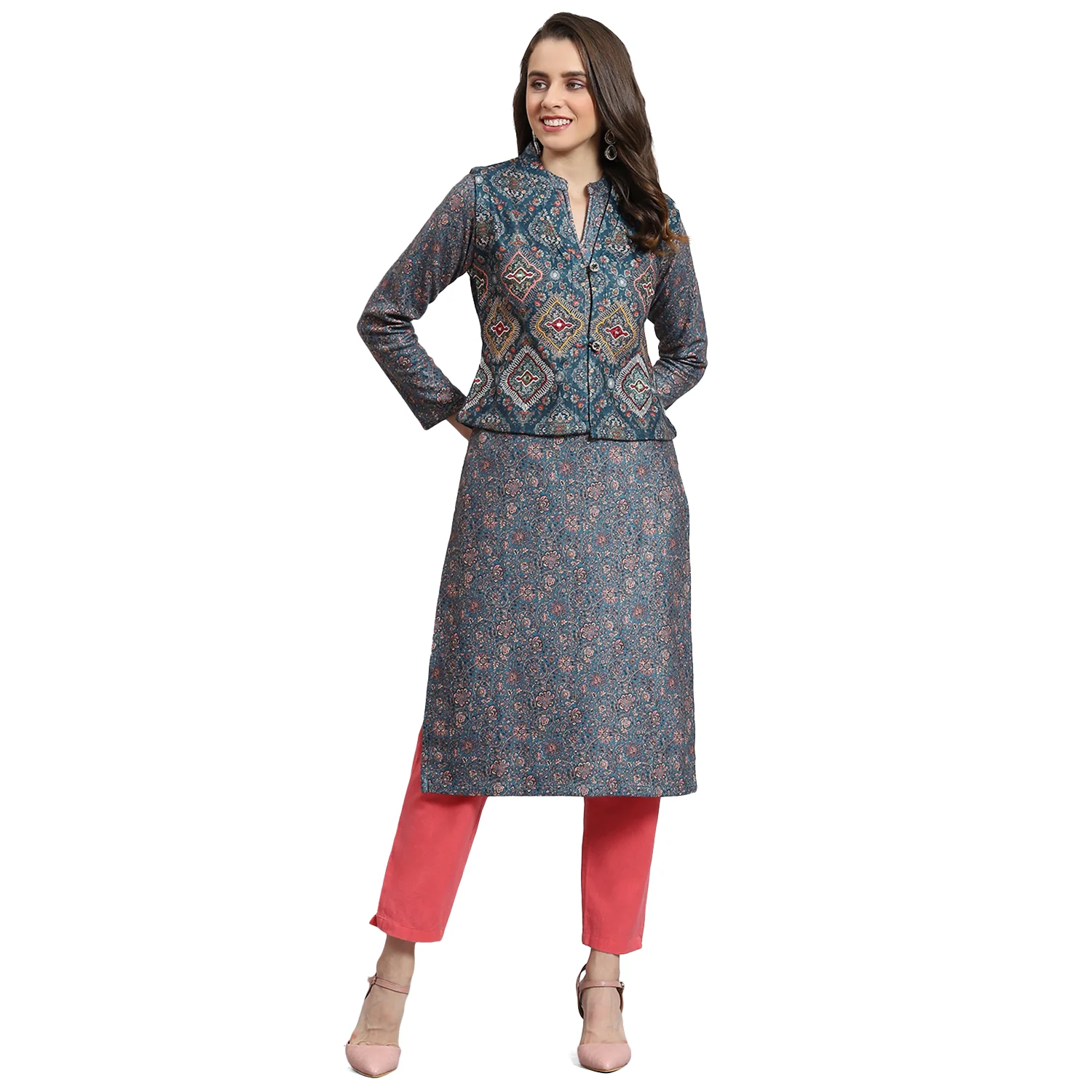 Women Teal Blue Printed Mandarin Collar Full Sleeve Kurtis Set - Image 5