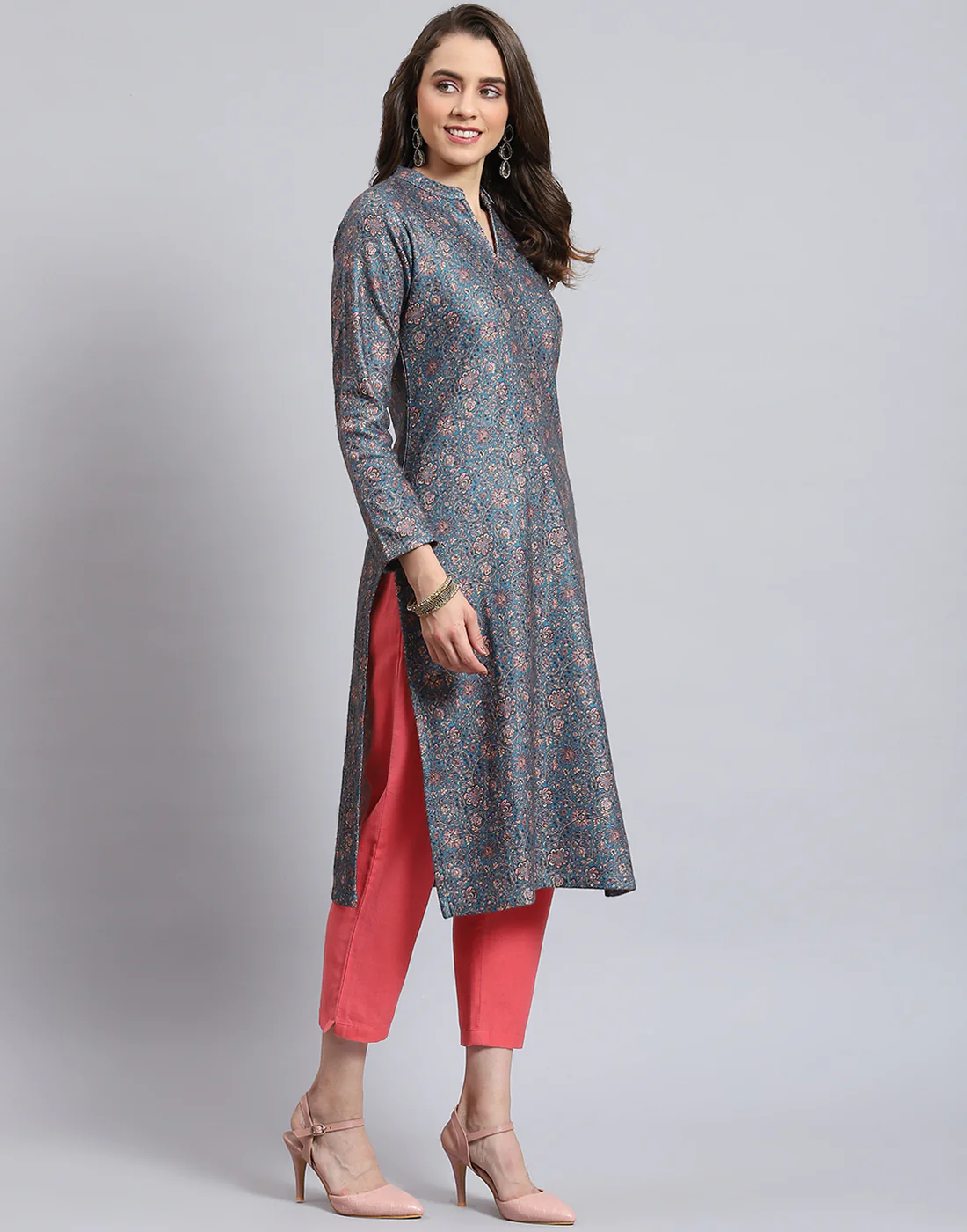 Women Teal Blue Printed Mandarin Collar Full Sleeve Kurtis Set - Image 6