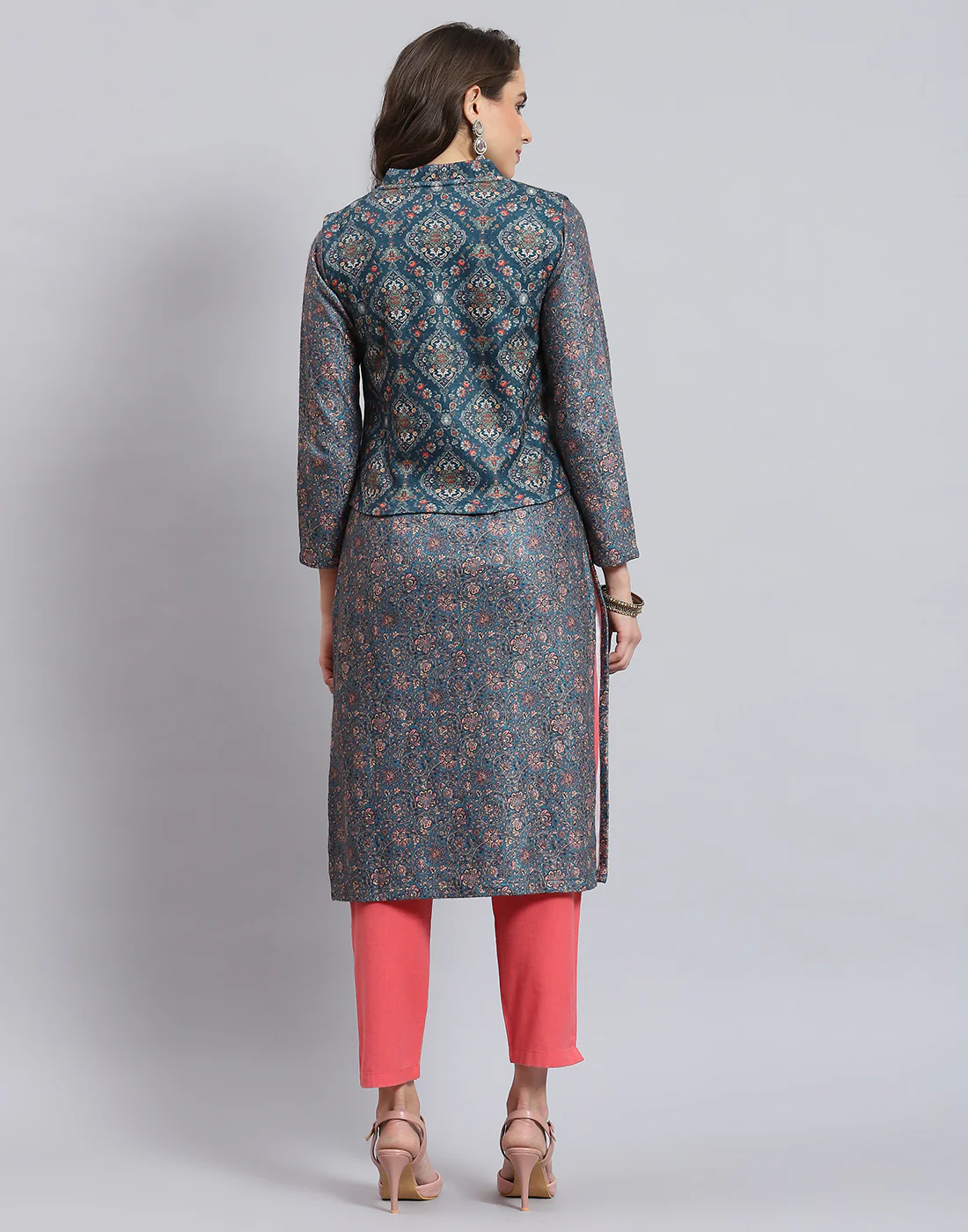 Women Teal Blue Printed Mandarin Collar Full Sleeve Kurtis Set - Image 7