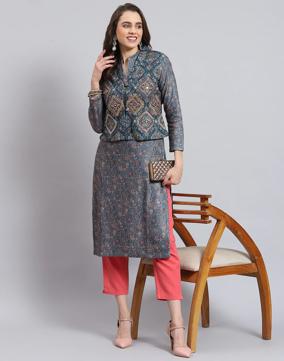 Women Teal Blue Printed Mandarin Collar Full Sleeve Kurtis Set - Image 8