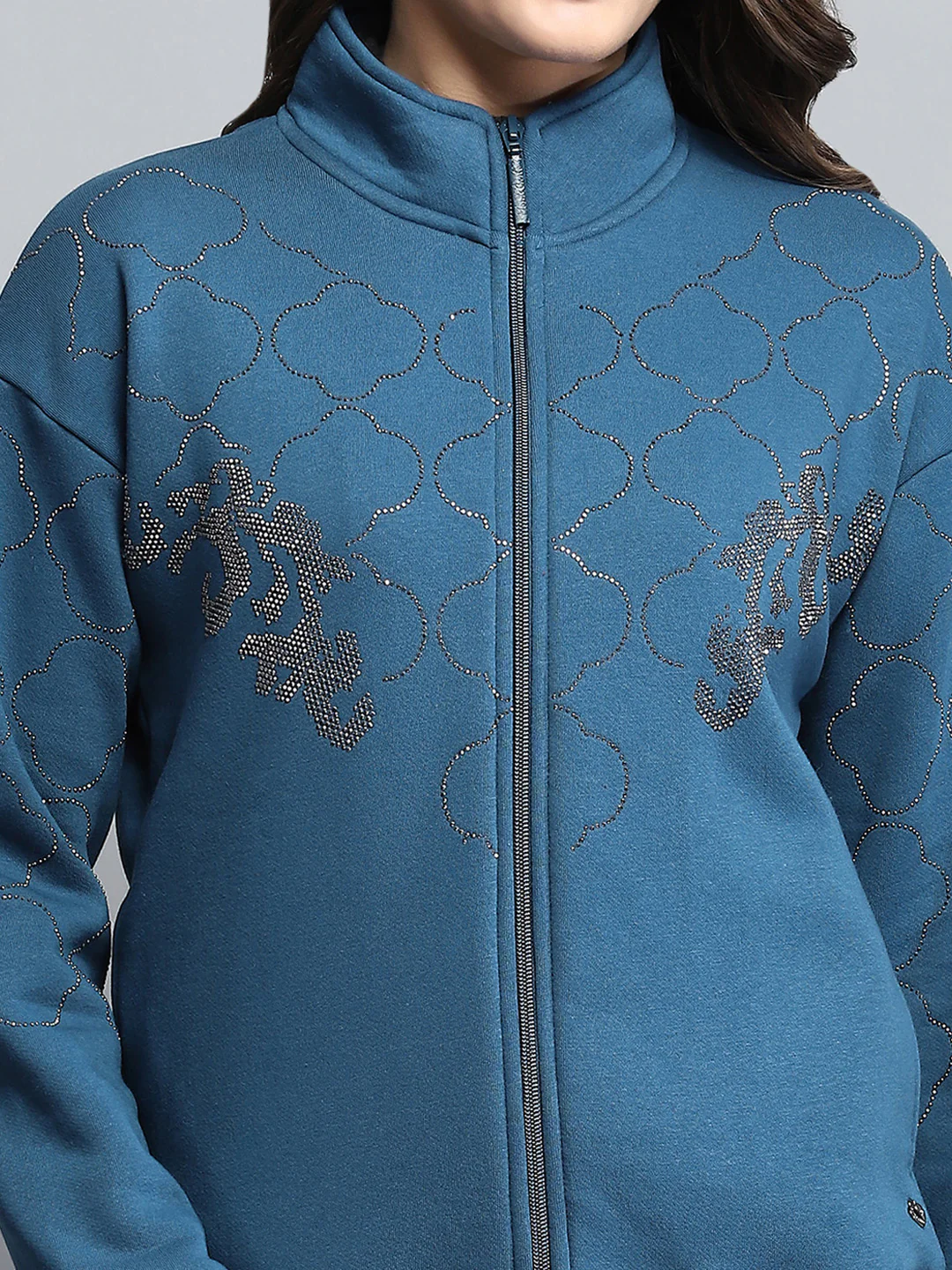 Women Teal Blue Printed Mock Neck Full Sleeve Sweatshirt - Image 6
