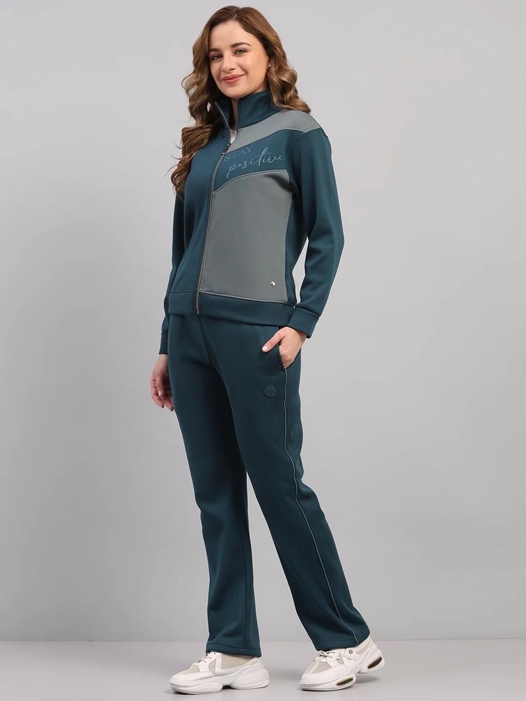 Women Teal Blue Printed Mock Neck Full Sleeve Winter Tracksuit - Image 3