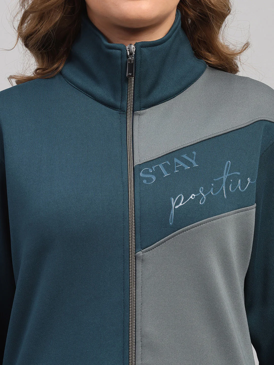 Women Teal Blue Printed Mock Neck Full Sleeve Winter Tracksuit - Image 7