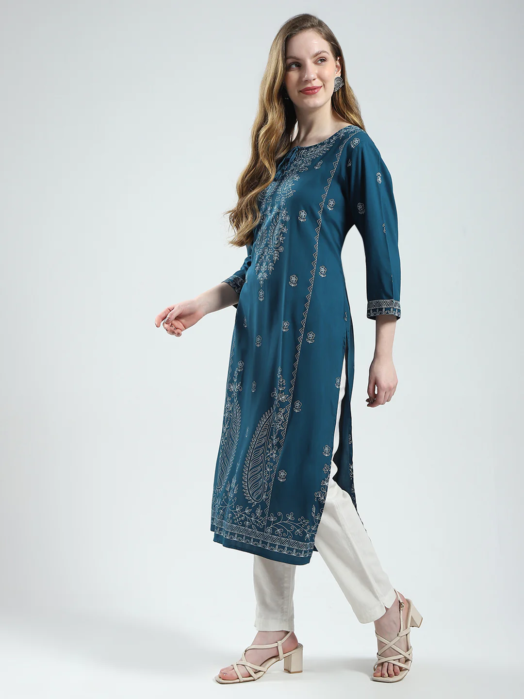 Women Teal Blue Printed Round Neck 3/4th Sleeve Kurti - Image 3