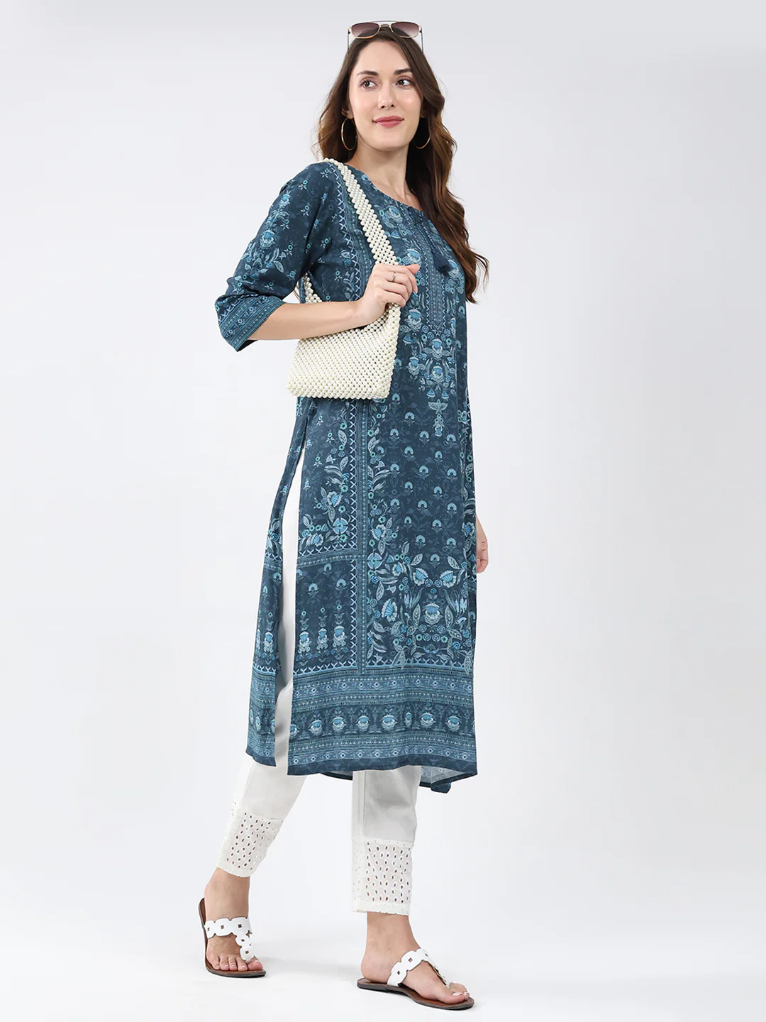 Women Teal Blue Printed Round Neck 3/4th Sleeve Winter Kurti - Image 2