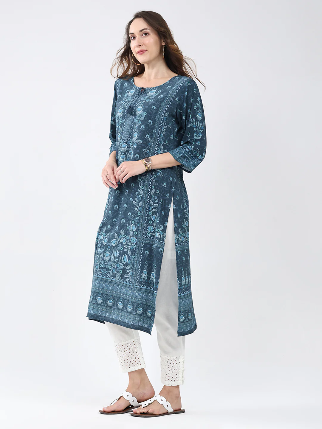 Women Teal Blue Printed Round Neck 3/4th Sleeve Winter Kurti - Image 3