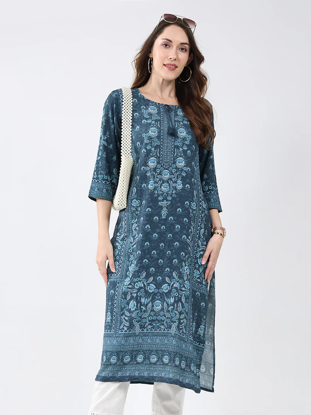 Women Teal Blue Printed Round Neck 3/4th Sleeve Winter Kurti - Image 6