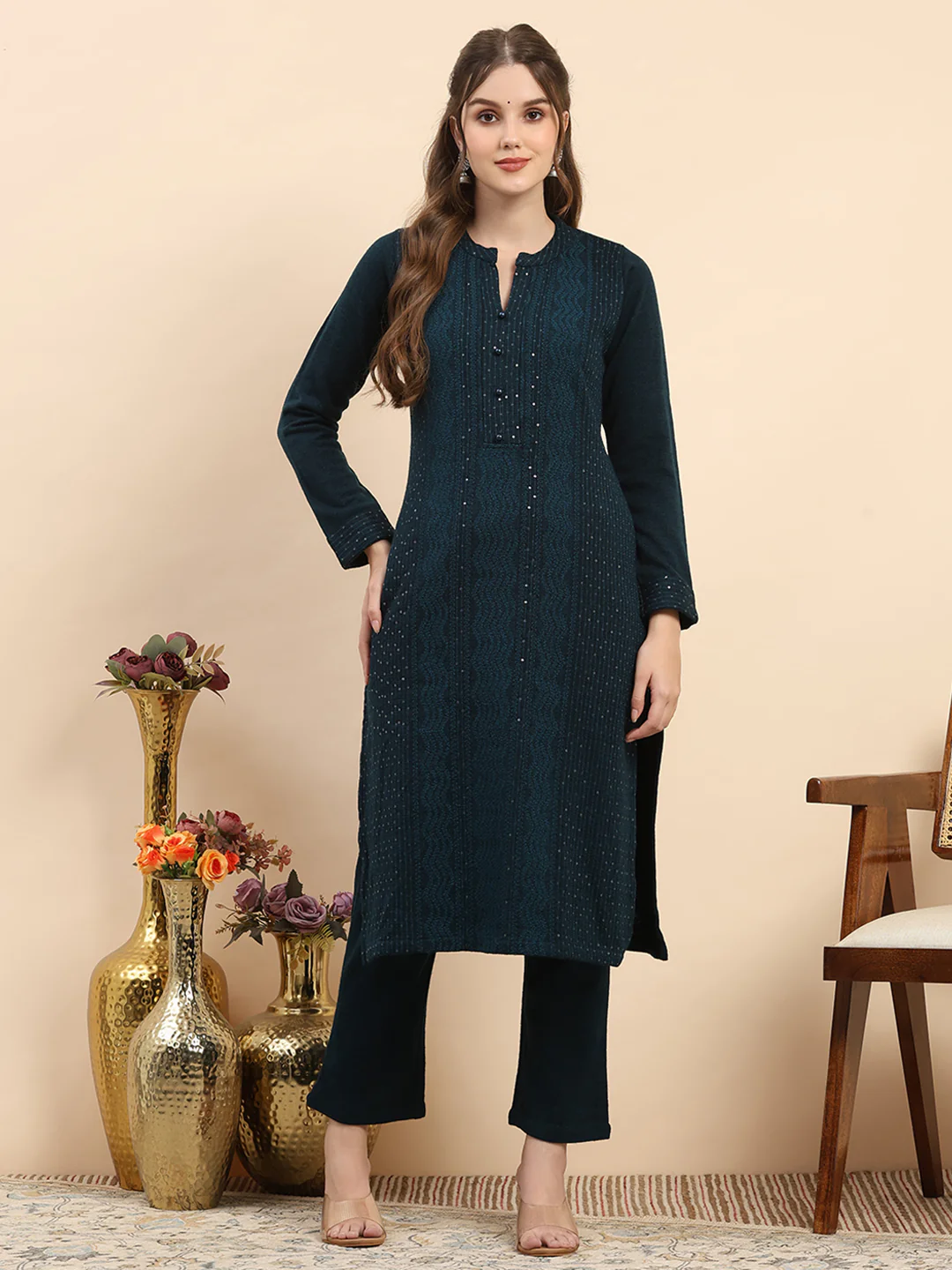 Women Teal Blue Printed Round Neck Full Sleeve Kurti Set for Winter