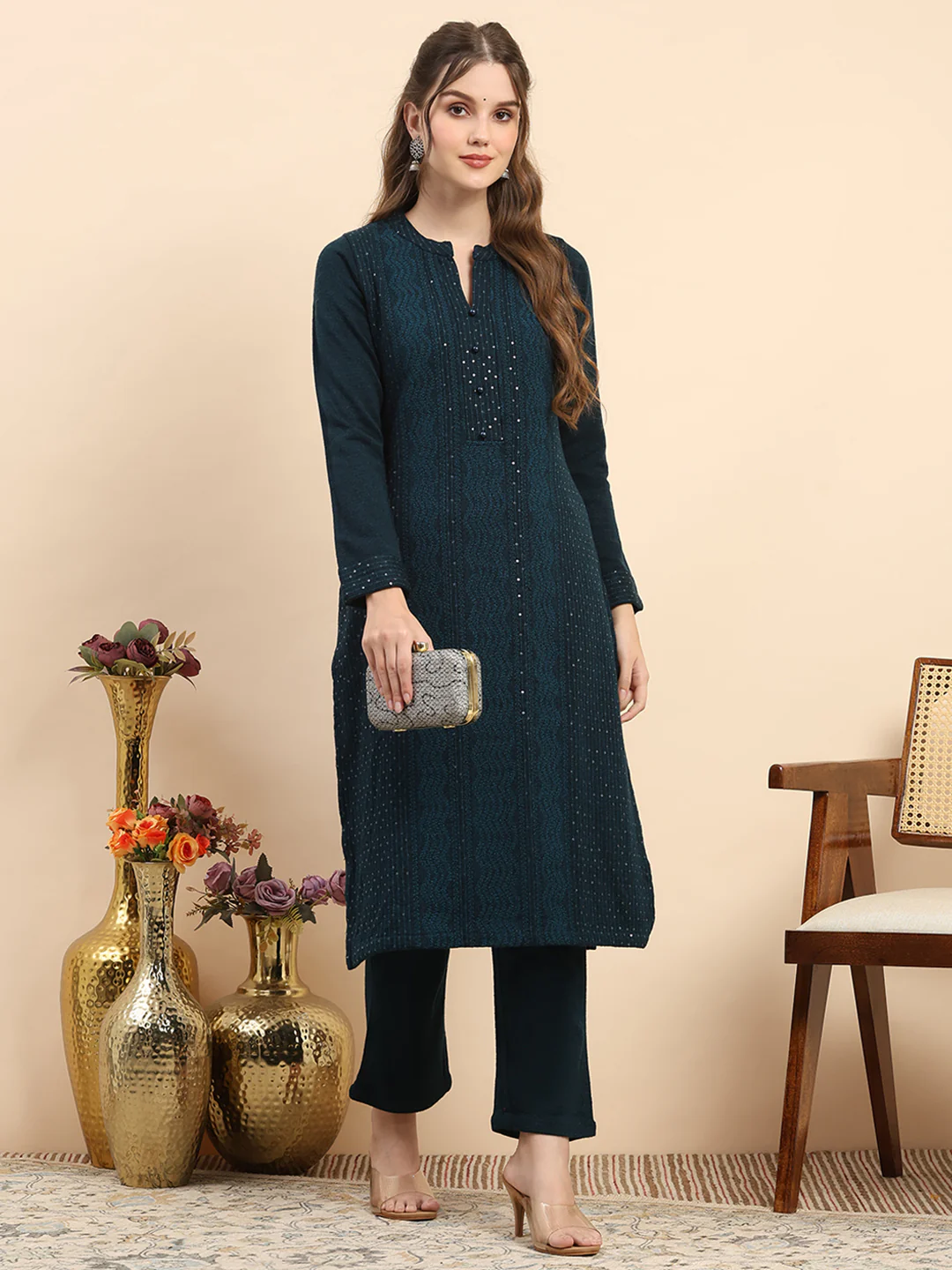 Women Teal Blue Printed Round Neck Full Sleeve Kurti Set for Winter - Image 2