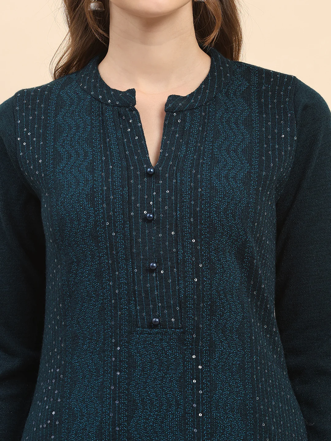 Women Teal Blue Printed Round Neck Full Sleeve Kurti Set for Winter - Image 7