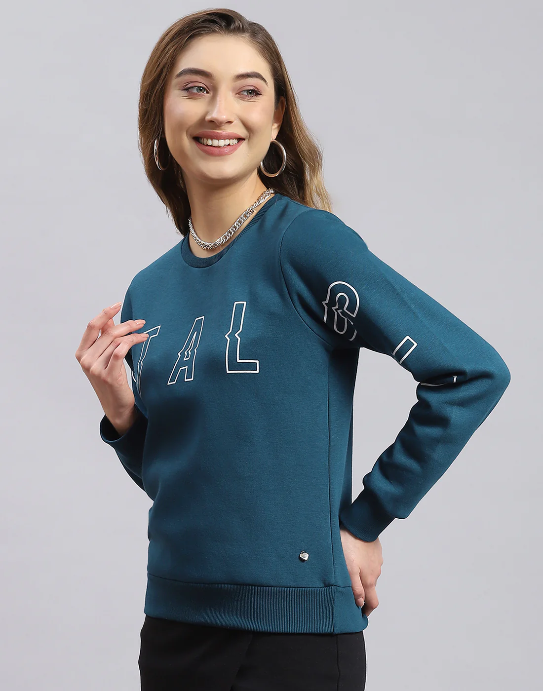 Women Teal Blue Printed Round Neck Full Sleeve Sweatshirt - Image 4