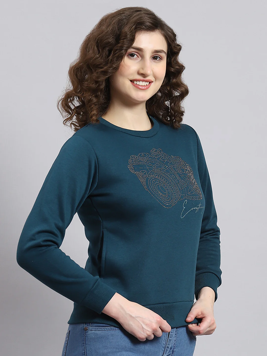 Women Teal Blue Printed Round Neck Full Sleeve Sweatshirt - Image 4