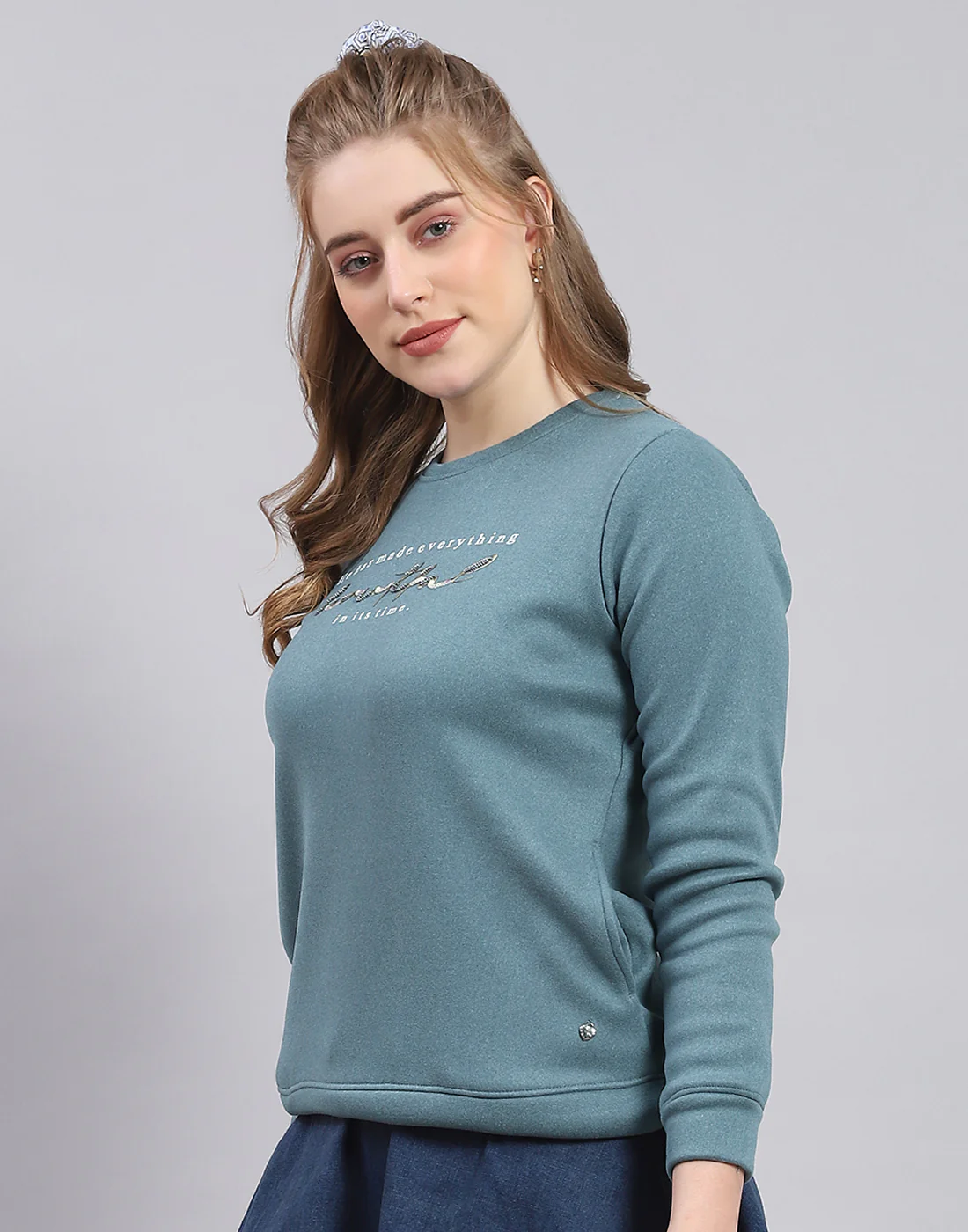 Women Teal Blue Printed Round Neck Full Sleeve Sweatshirt - Image 4