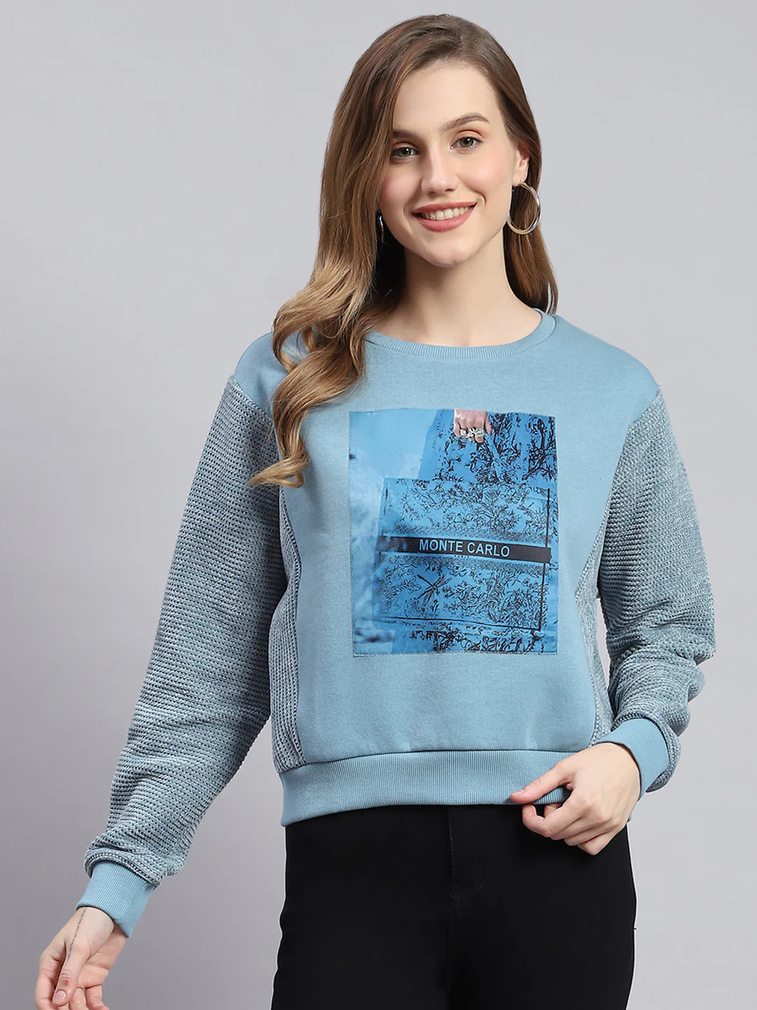 Women Teal Blue Printed Round Neck Full Sleeve Sweatshirts - Image 3